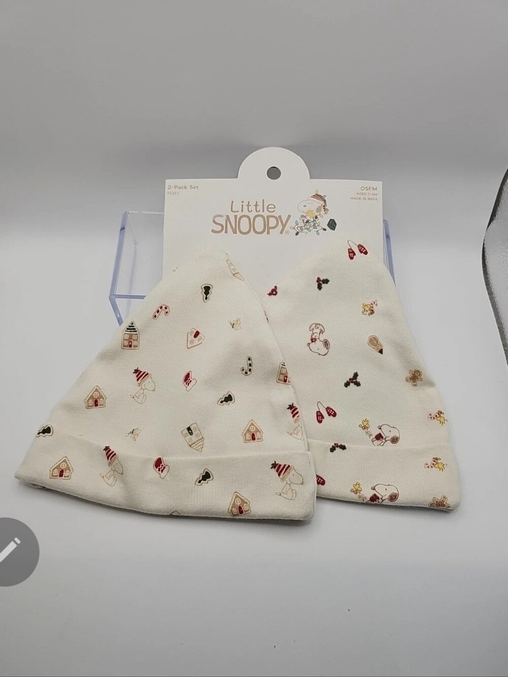 New Little Snoopy Peanuts Christmas Newborn Baby Hat 2-Pack Cream Holiday